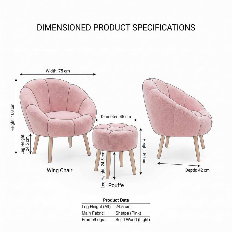 Ørelappstol- og puffsett (3 deler) Atelier Del Sofa Lida Wellsoft (75 x 100 x 42 cm) Rosa - Møbler - Stoler & lenestoler - Lenestoler