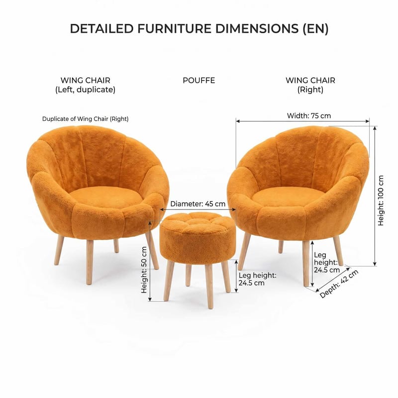 Ørelappstol- og puffsett (3 deler) Atelier Del Sofa Lida Wellsoft (75 x 100 x 42 cm) Oransje - Møbler - Stoler & lenestoler - Lenestoler