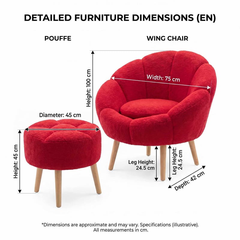 Ørelappstol- og puffesett (2 deler) Atelier Del Sofa Lida (75 x 100 x 42 cm) Fuksia - Møbler - Stoler & lenestoler - Lenestoler