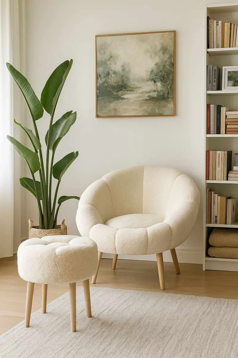 Ørelappstol- og puffesett (2 deler) Atelier Del Sofa Lida (75 x 100 x 42 cm) Krem - Møbler - Stoler & lenestoler - Lenestoler