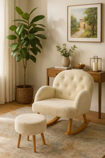 Ørelappstol- og puffesett (2 deler) Atelier Del Sofa Dugmeli (80 x 85 x 65 cm) Krem - Møbler - Stoler & lenestoler - Lenestoler