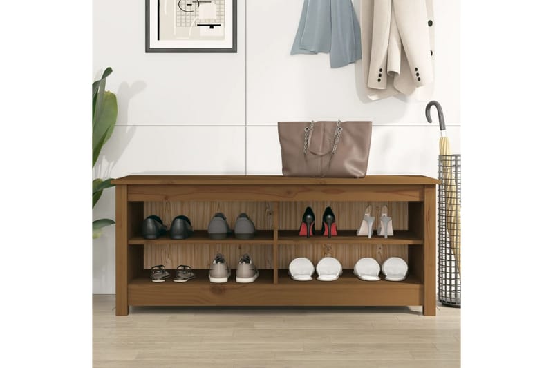beBasic Skobenk honningbrun 110x38x45,5 cm heltre furu - Brun - Møbler - Stoler & lenestoler - Benk - Skohylle med benk