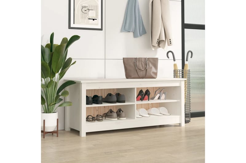 beBasic Skobenk hvit 110x38x45,5 cm heltre furu - Hvit - Møbler - Stoler & lenestoler - Benk - Skohylle med benk