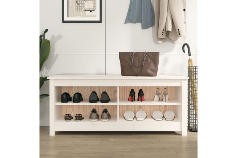 beBasic Skobenk hvit 110x38x45,5 cm heltre furu - Hvit - Møbler - Stoler & lenestoler - Benk - Skohylle med benk