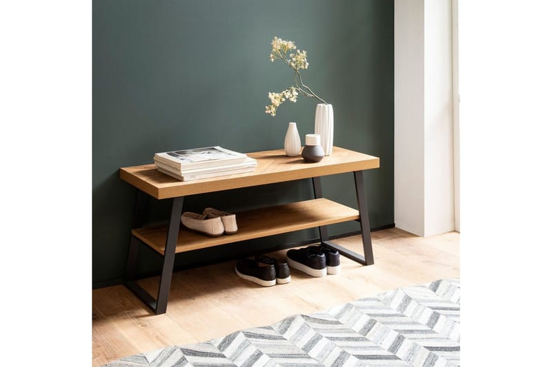 Benke Wohnling Dekor i eikefiskebensmønster med hylle solid metallramme moderne utseende - Møbler - Stoler & lenestoler - Benk - Skohylle med benk