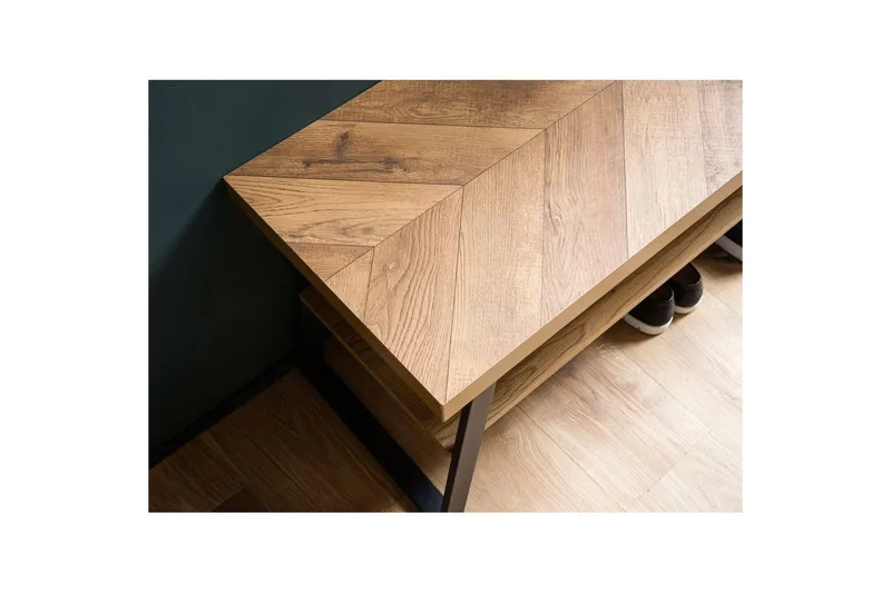 Benke Wohnling Dekor i eikefiskebensmønster med hylle solid metallramme moderne utseende - Møbler - Stoler & lenestoler - Benk - Skohylle med benk