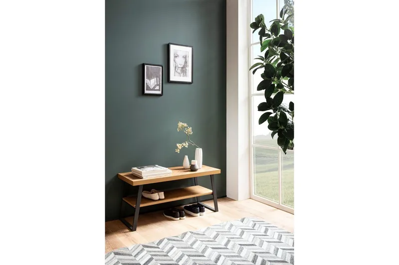 Benke Wohnling Dekor i eikefiskebensmønster med hylle solid metallramme moderne utseende - Møbler - Stoler & lenestoler - Benk - Skohylle med benk