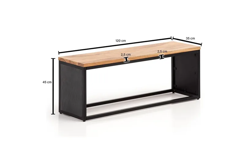 Benke Wohnling Industriell massivtre akasie sete steinlook metallramme - Møbler - Stoler & lenestoler - Benk - Entrebenk