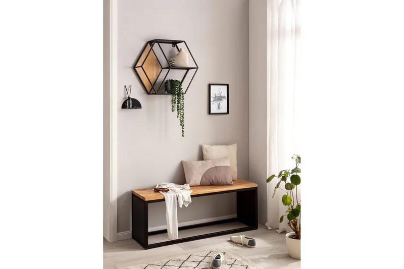 Benke Wohnling Industriell massivtre akasie sete steinlook metallramme - Møbler - Stoler & lenestoler - Benk - Entrebenk