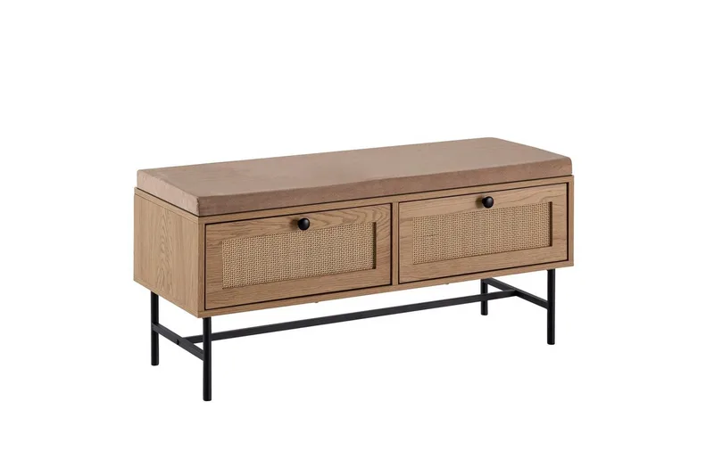 Benke Wohnling Tekstiltrukket Sitteplass Med 2 Skuffer i Rattan-utseende Eikedekor, undefined