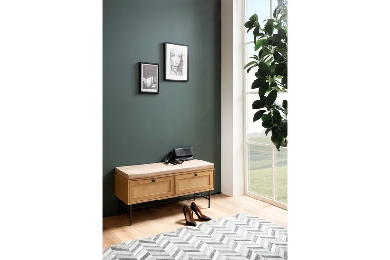 Benke Wohnling Tekstiltrukket Sitteplass Med 2 Skuffer i Rattan-utseende Eikedekor - Møbler - Stoler & lenestoler - Benk - Entrebenk