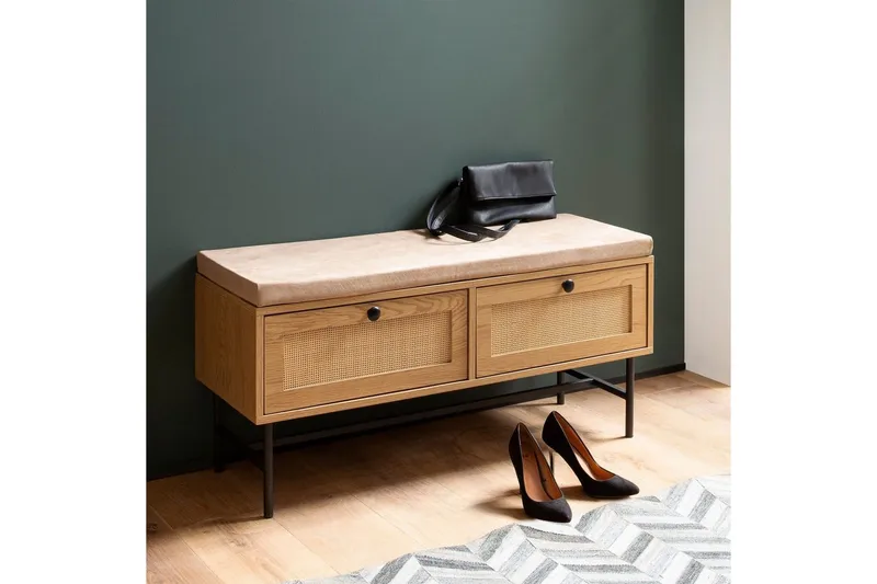 Benke Wohnling Tekstiltrukket Sitteplass Med 2 Skuffer i Rattan-utseende Eikedekor - Møbler - Stoler & lenestoler - Benk - Entrebenk