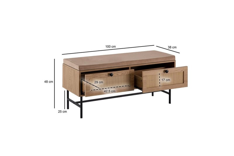 Benke Wohnling Tekstiltrukket Sitteplass Med 2 Skuffer i Rattan-utseende Eikedekor - Møbler - Stoler & lenestoler - Benk - Entrebenk