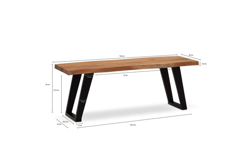 Garderobebenk Wohnling Solid Akasietre 120 cm Treetopp Hall Svart, vinklet løper - Svart, vinklet løper - Møbler - Stoler & lenestoler - Benk - Entrebenk