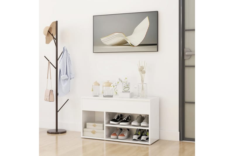Skobenk høyglans hvit 80x30x45 cm sponplater - Hvit - Møbler - Stoler & lenestoler - Benk - Skohylle med benk