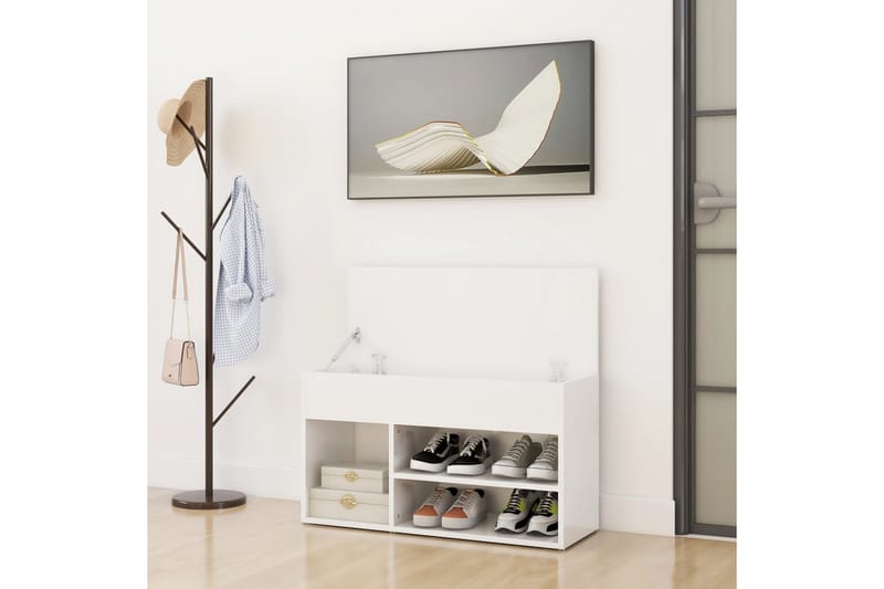Skobenk høyglans hvit 80x30x45 cm sponplater - Hvit - Møbler - Stoler & lenestoler - Benk - Skohylle med benk