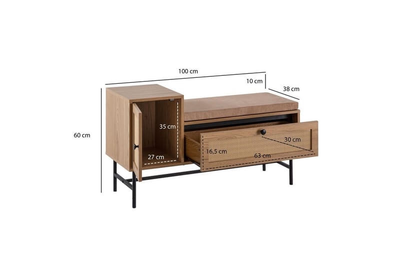 Skoskap Wohnling Polstret benk i eikfolieoptikk 1 dør 1 skuff - Møbler - Stoler & lenestoler - Benk - Skohylle med benk