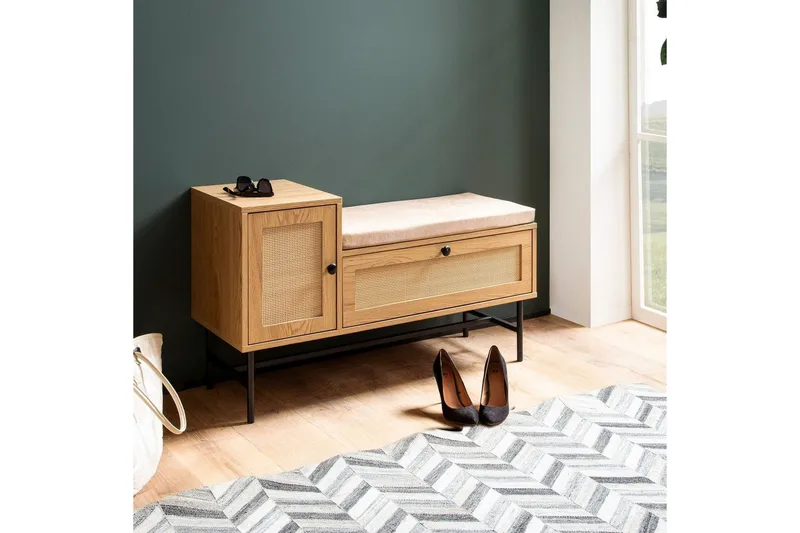 Skoskap Wohnling Polstret benk i eikfolieoptikk 1 dør 1 skuff - Møbler - Stoler & lenestoler - Benk - Skohylle med benk