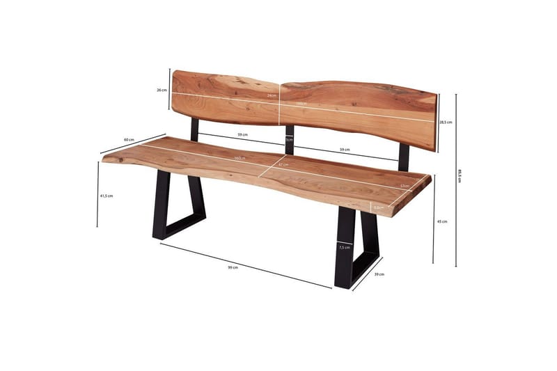 Spisestuebenk Wohnling Heltre tre kant med metallben landstil Med ryggstøtte, 160 cm - Med ryggstøtte, 160 cm - Møbler - Stoler & lenestoler - Benk