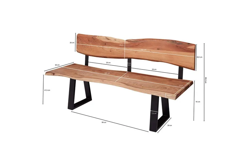 Spisestuebenk Wohnling Heltre tre kant med metallben landstil Med ryggstøtte, 180 cm - Med ryggstøtte, 180 cm - Møbler - Stoler & lenestoler - Benk