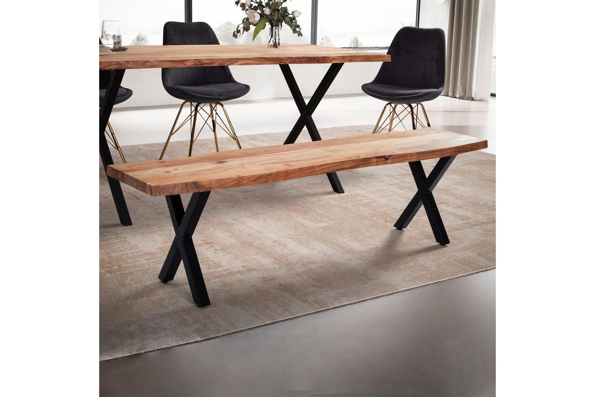 Spisestuebenk Wohnling Massivt tre med metallben trekant landlig stil Svart, krysset, 120 cm - Svart, krysset, 120 cm - Møbler - Bord - Spisebord & kjøkkenbord