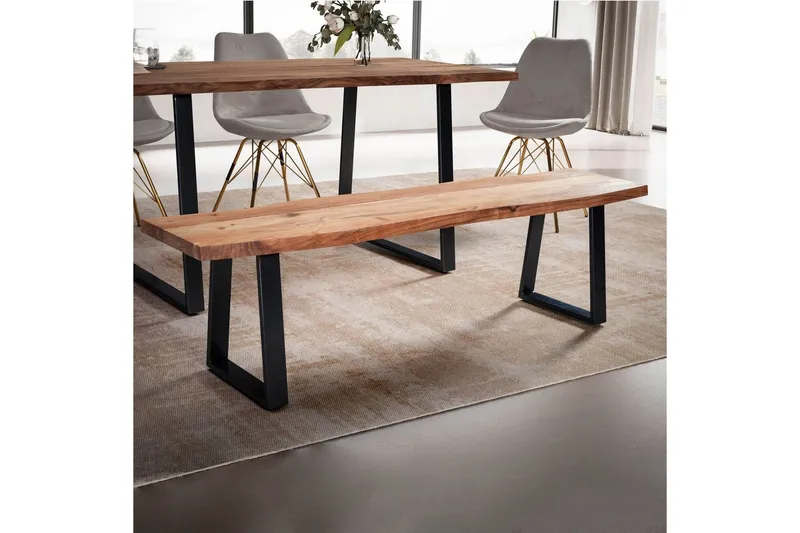 Spisestuebenk Wohnling Massivt tre med metallben trekant landlig stil Svart, Rett, 120 cm - Svart, Rett, 120 cm - Møbler - Stoler & lenestoler - Benk - Entrebenk