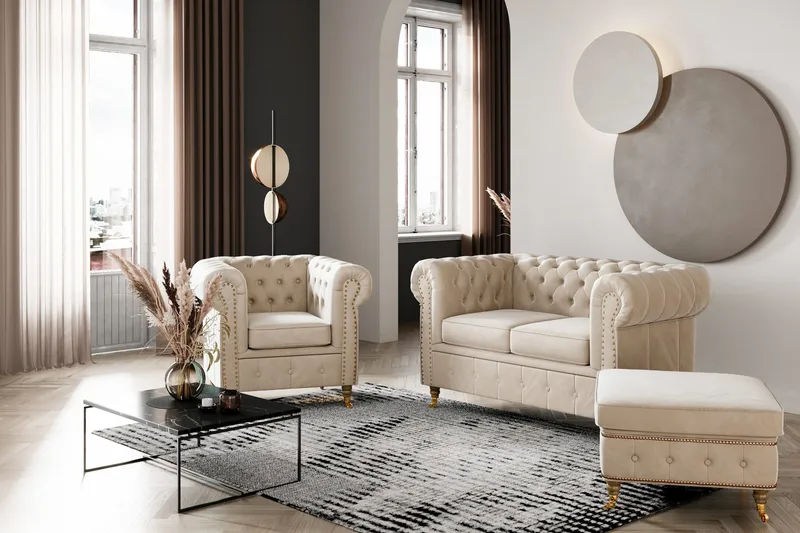 Chesterfield Deluxe Fotskammel Fløyel - Beige - Møbler - Stoler & lenestoler - Krakk - Fotskammel - Chesterfield fotskammel