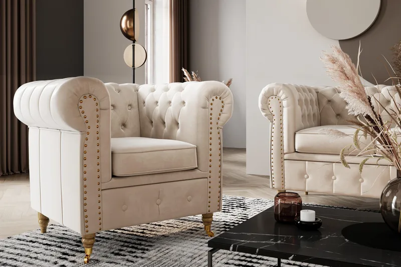 Chesterfield Deluxe Fotskammel Fløyel - Beige - Møbler - Stoler & lenestoler - Krakk - Fotskammel - Chesterfield fotskammel