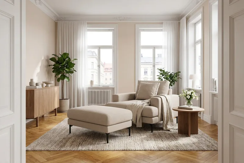 Menard Premium fotskammel i stoff - Beige - Møbler - Stoler & lenestoler - Krakk - Fotskammel