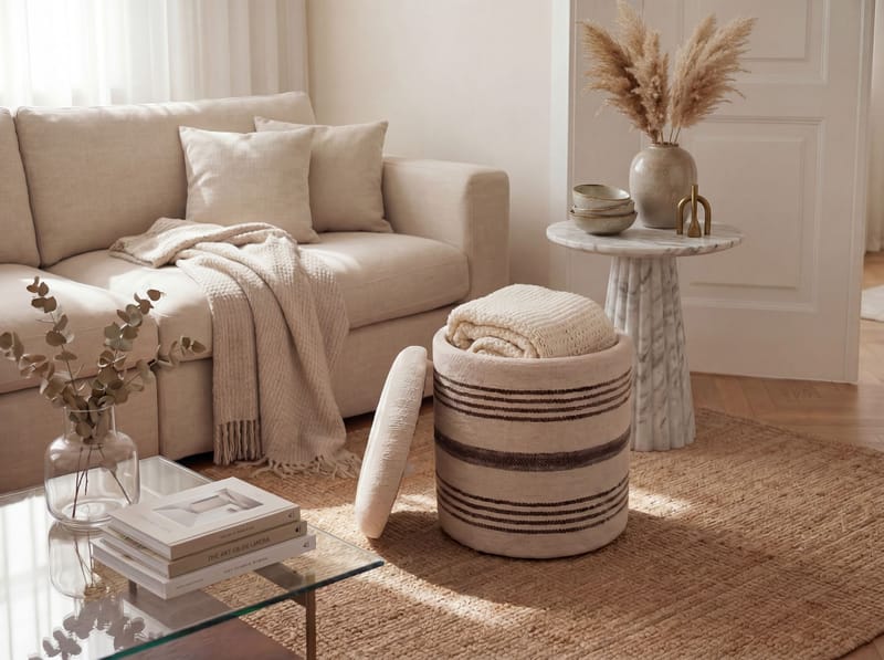 Nirek rund sittepuff med oppbevaring i ullstoff - lys beige - Møbler - Stoler & lenestoler - Krakk - Puff