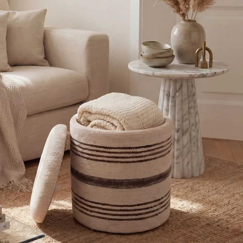 Nirek rund sittepuff med oppbevaring i ullstoff - lys beige - Møbler - Stoler & lenestoler - Krakk - Puff