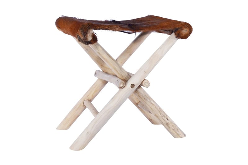 Sammenleggbar krakk ekte skinn og heltre teak - Brun - Møbler - Stoler & lenestoler - Krakk