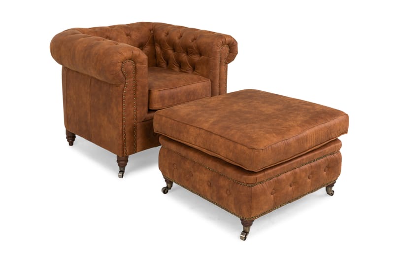 Chesterfield Delux Lenestol+Fotskammel - Cognac - Møbler - Stoler & lenestoler - Lenestoler - Lenestol skinn