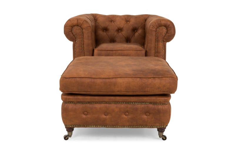 Chesterfield Delux Lenestol+Fotskammel - Cognac - Lenestol skinn - Chesterfield lenestol