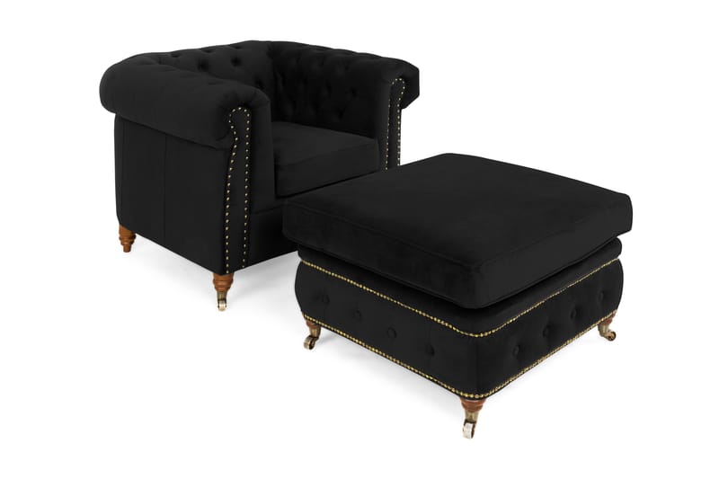 Chesterfield Delux Lenestol+Fotskammel - Fløyel Svart - Møbler - Stoler & lenestoler - Lenestoler - Chesterfield lenestol