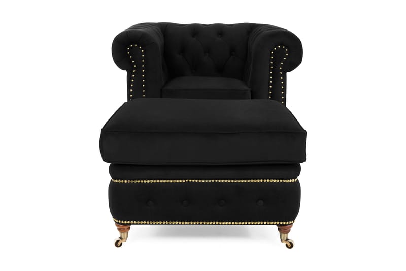 Chesterfield Delux Lenestol+Fotskammel - Fløyel Svart - Møbler - Stoler & lenestoler - Lenestoler - Chesterfield lenestol