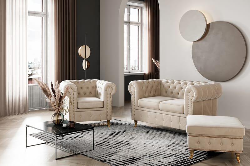 Chesterfield Deluxe Fløyelslenestol - Beige - Møbler - Stoler & lenestoler - Lenestoler - Chesterfield lenestol