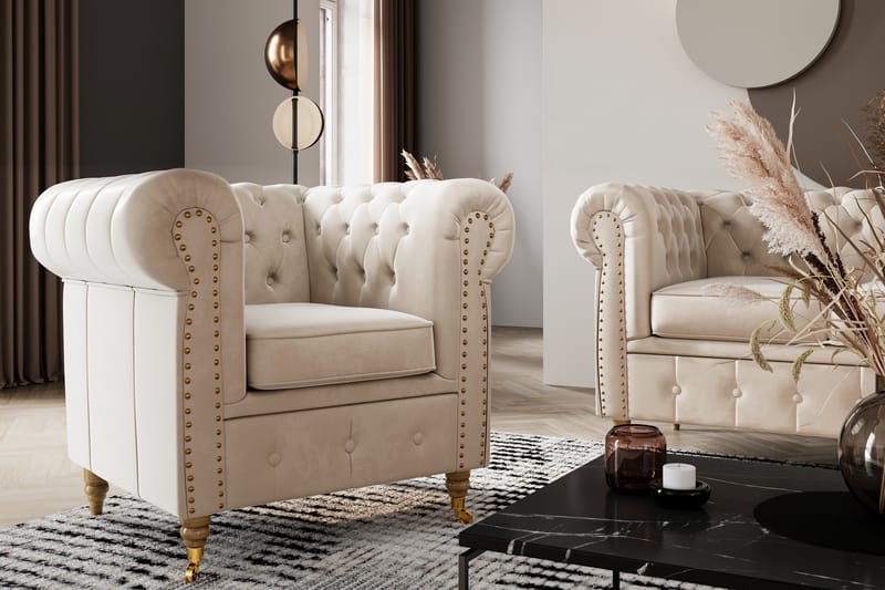 Chesterfield Deluxe Fløyelslenestol - Beige - Møbler - Stoler & lenestoler - Lenestoler - Chesterfield lenestol
