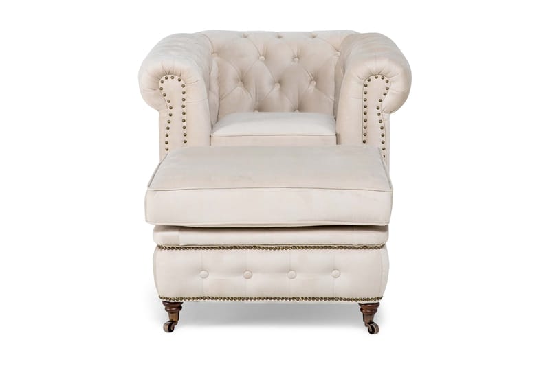 Chesterfield Deluxe Lenestol+Fotskammel - Fløyel Beige - Møbler - Stoler & lenestoler - Lenestoler - Chesterfield lenestol