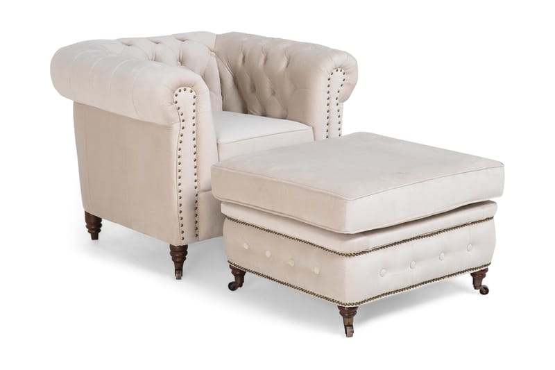 Chesterfield Deluxe Lenestol+Fotskammel - Fløyel Beige - Chesterfield lenestol