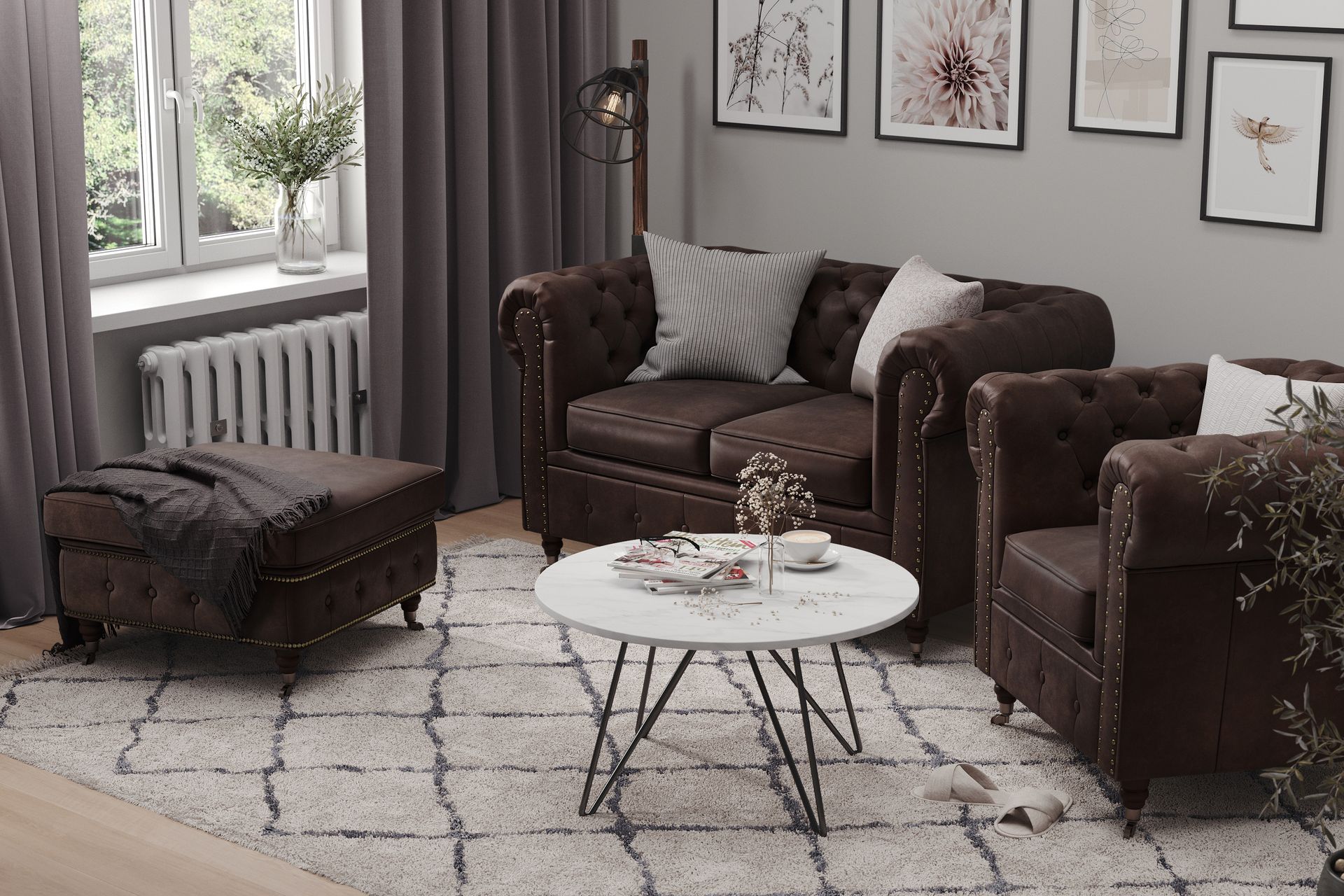 Chesterfield Deluxe Lenestol+Fotskammel - Vintage Mørkebrun - Møbler - Stoler & lenestoler - Lenestoler - Lenestol skinn