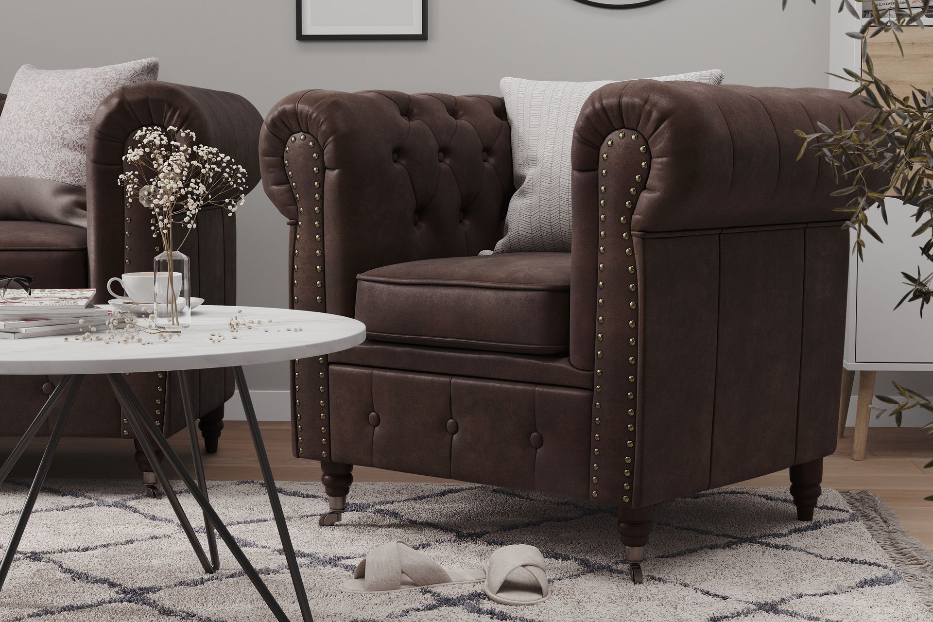 Chesterfield Deluxe Lenestol+Fotskammel - Vintage Mørkebrun - Møbler - Stoler & lenestoler - Lenestoler - Lenestol skinn