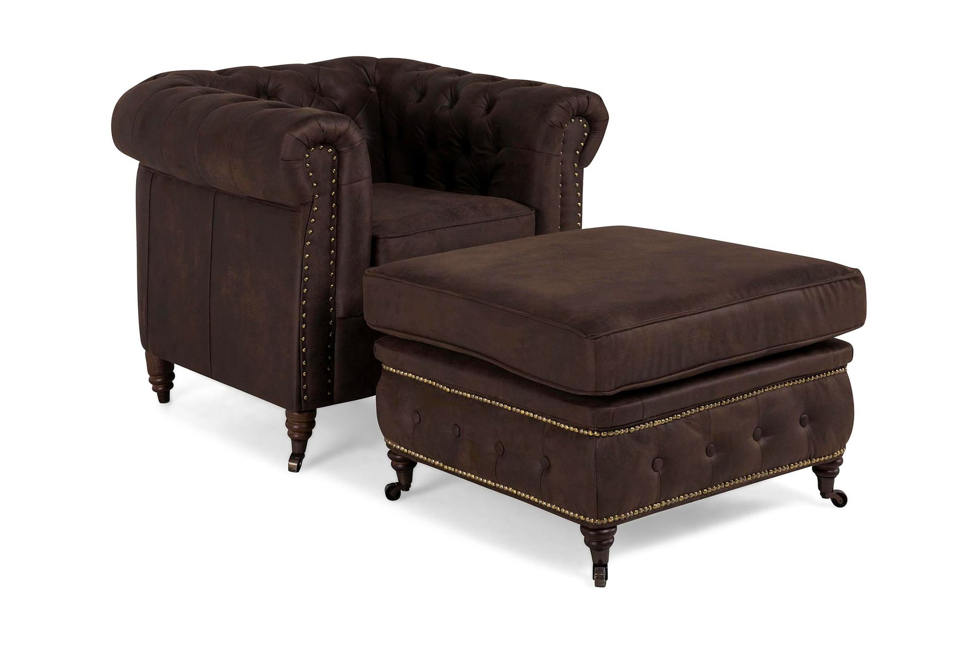 Chesterfield Deluxe Lenestol+Fotskammel - Vintage Mørkebrun - Møbler - Stoler & lenestoler - Lenestoler - Lenestol skinn