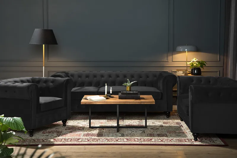 Chesterfield Lyx Stor behagelig dyp fløyelfotøyd – Fotøyd til stue - Svart Fløyel - Møbler - Stoler & lenestoler - Lenestoler - Chesterfield lenestol