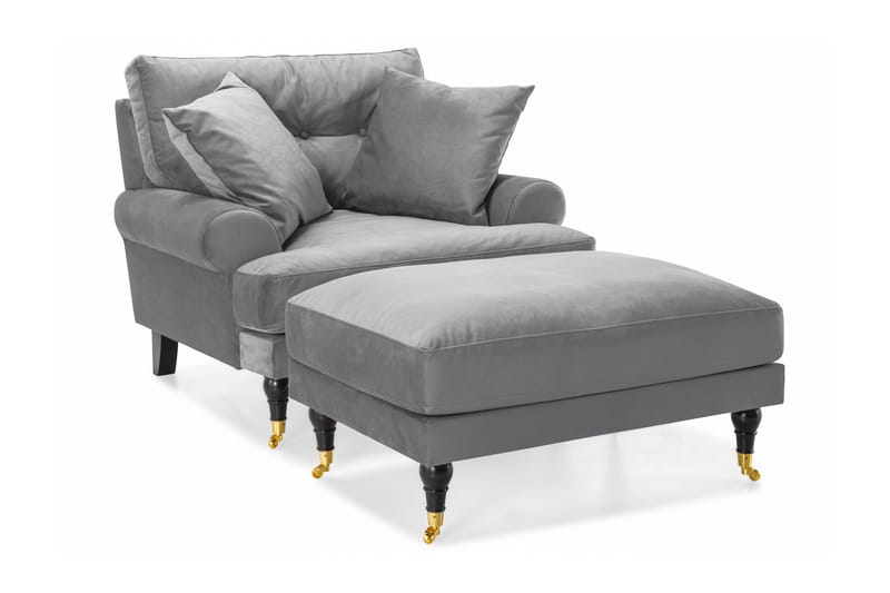 Andrew Lenestol med Fotskammel Fløyel - Sølvgrå/Messing - Møbler - Stoler & lenestoler - Lenestoler - Howard lenestol