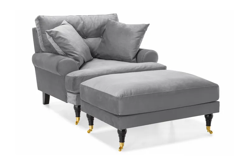 Andrew Lenestol med Fotskammel Fløyel - Sølvgrå/Messing - Møbler - Stoler & lenestoler - Lenestoler - Howard lenestol