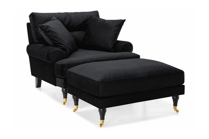 Andrew Lenestol med Fotskammel Fløyel - Svart/Messing - Møbler - Stoler & lenestoler - Lenestoler - Howard lenestol