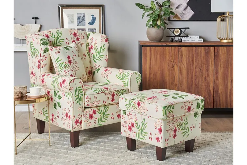 Ingeberg Lenestol med fotskammel Blomstermønster - Beige - Møbler - Stoler & lenestoler - Lenestoler