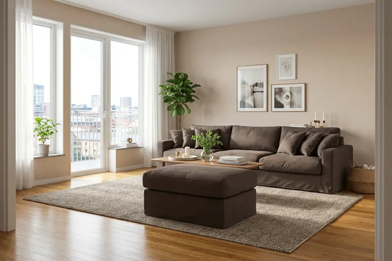 Valencia Extra Dyp 5-seters sofa + fotskammel med avtakbart og vaskbart trekk - Mørkebrun - Møbler - Sofaer