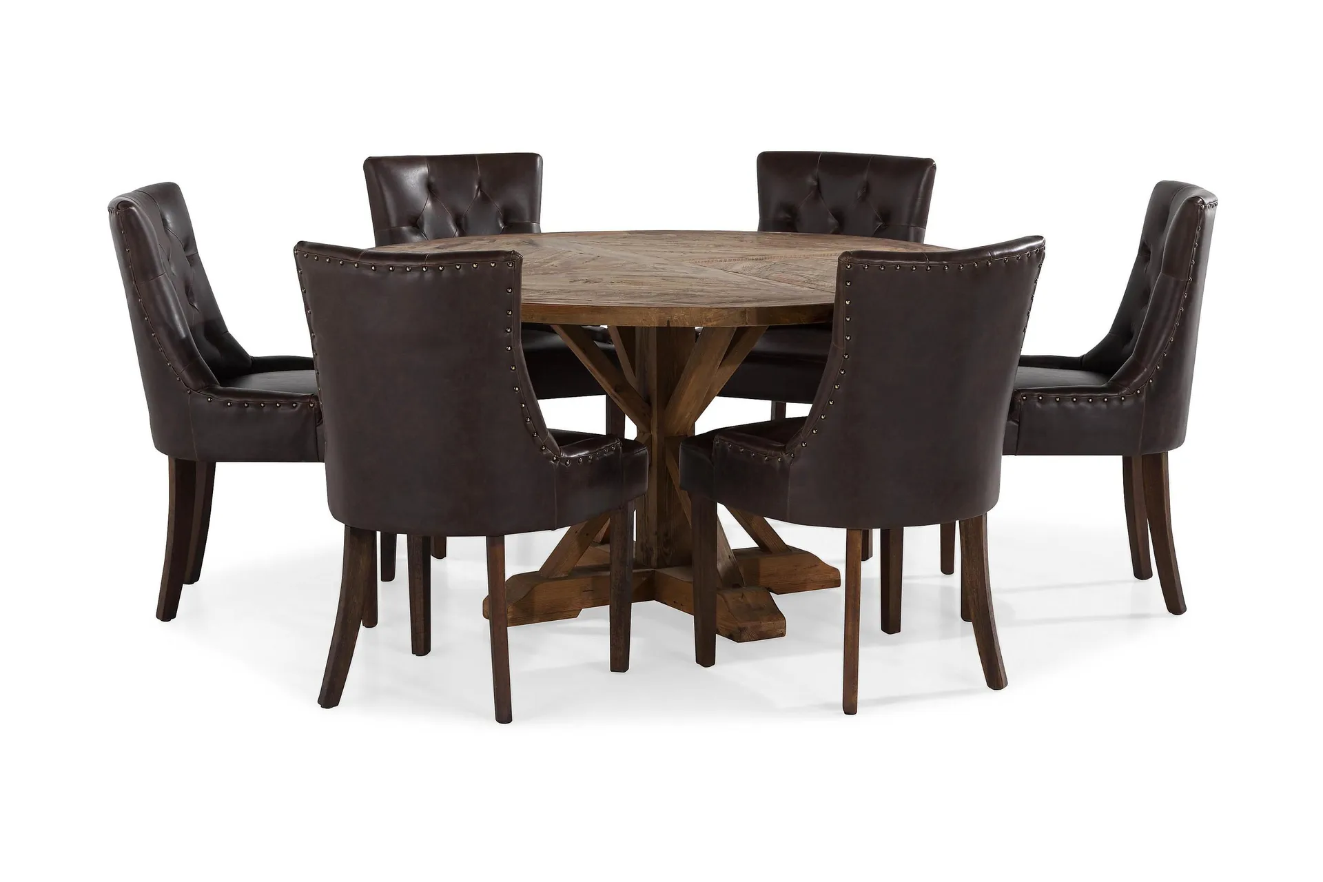 Lyon Spisegruppe 150 cm Rundt Mørkt Tre med 6 Tuva Stoler – Vintage Alm / Brun PU